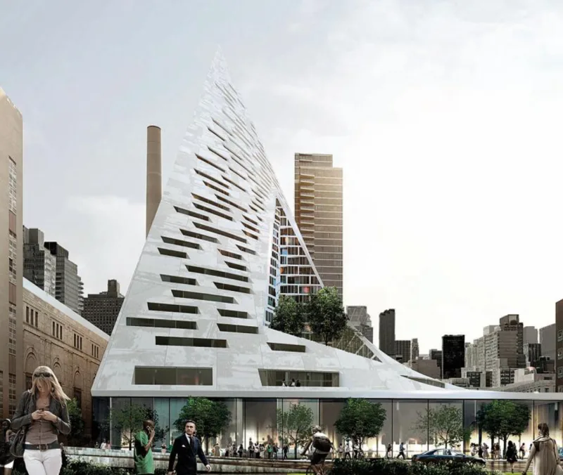 Edifício VIA, também conhecido como W57, em Nova York (EUA), com forma de pirâmide para aproveitar a luz solar e a vista do rio Hudson. BIG/Divulgação