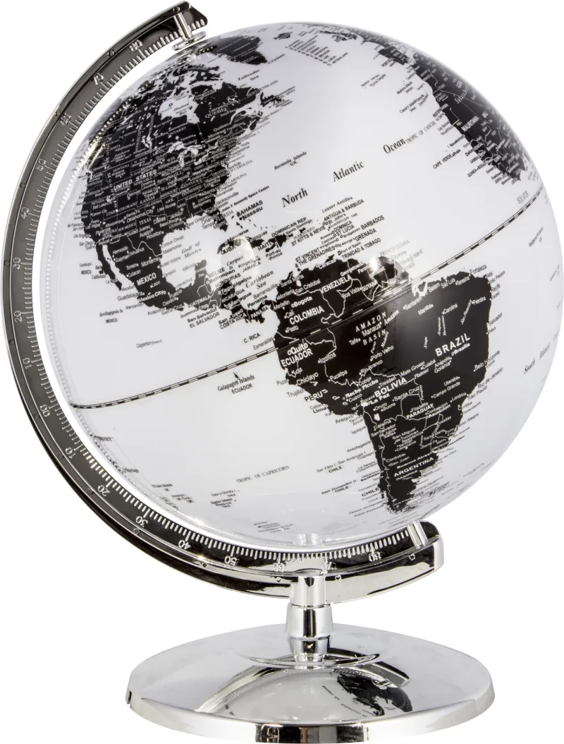 Globo branco com base cromada. Na Livrarias Curitiba, R$ 398.
  Tem 31 cm de diâmetro e 40 cm de  altura.