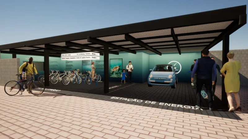 Ao projetar a área destinada ao estacionamento, Juliane Cruz e Renan Freitas pensaram numa galeria oceânica, onde molduras com fotografias e os textos expressam a realidade dos nossos oceanos.