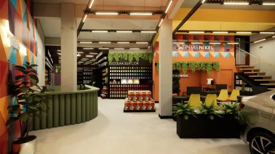 Projeto de arquitetura propõe visual lúdico e atraente para loja de tintas
