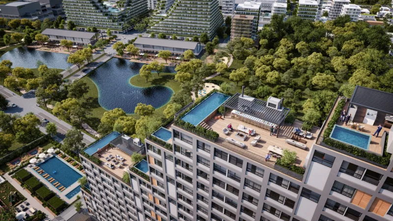 Perspectiva dos futuros empreendimentos imobiliários com vista para o parque do bairro.