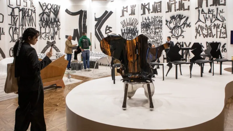 Estande da A Lot of Brasil, de Pedro Franco, no Salão do Móvel de Milão: um Brasil originário, do "tempo das cavernas", se mescla à contemporaneidade urbana, um paralelo entre o pixo e as pinturas rupestres