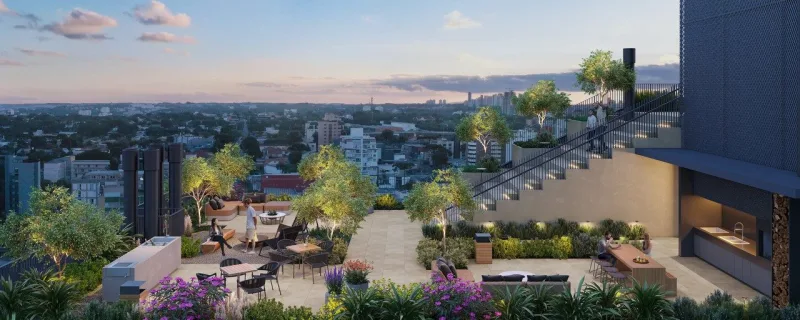 Os edifícios com certificação de bem-estar propiciam aos moradores benefícios como a conexão com a natureza e momentos de calma e paz. Na foto, o Vaz Batel, da Laguna.