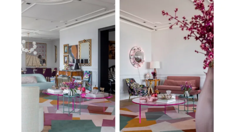 O tapete, desenhado exclusivamente para o projeto, lembra uma grande forma geométrica e mescla as cores presentes nos ambientes e obra neon de Alê Jordão.