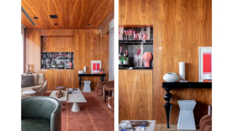 Na área do bar, a marcenaria e os tons terrosos dão a atmosfera masculina ao espaço.