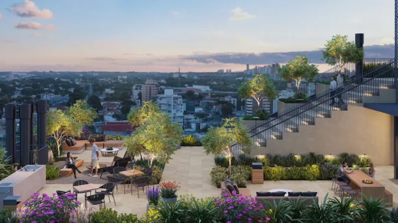 Rooftop com vista da cidade.