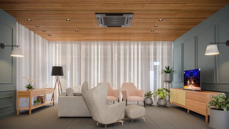 Detalhe do projeto de interiores da unidade residencial, com destaque para móveis soltos e arredondados, assentos não muito profundos, tomadas no alto e bastante iluminação natural.