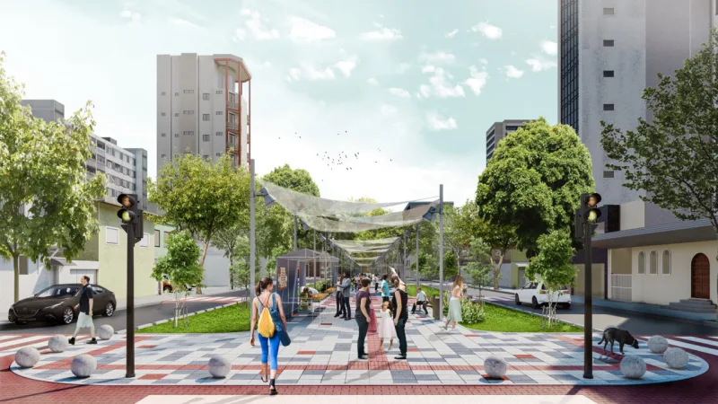 Local abriga feiras locais e compõe conjunto hospitalar tombado. A perspectiva mostra alguns elementos temporários, como os sombrites, para gerar espaços de sombra na via.