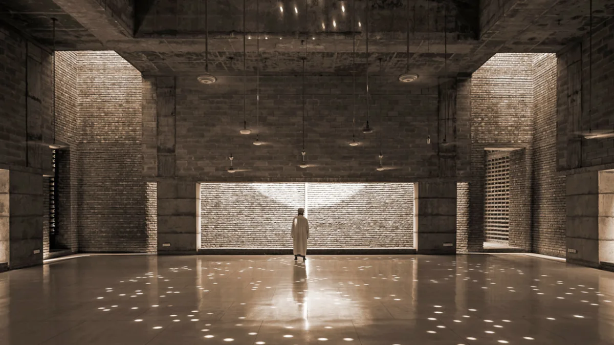 Mesquita de Bait Ur Rouf, projetada pela arquiteta de Bangladesh Marina Tabassum, em que os únicos ornamentos presentes são as luzes.