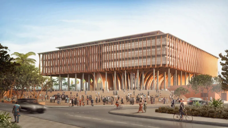 Detalhe da Assembleia Nacional de Benin, projetada por Kéré, com especial destaque para a área de permanência pública criada pelo desenho do edifício.