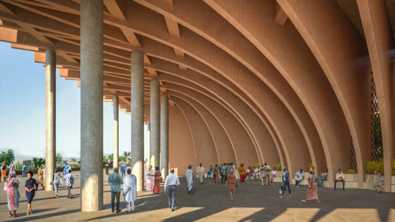Detalhe da varanda pública criada pela curvatura do prédio da Assembleia Nacional de Benin.