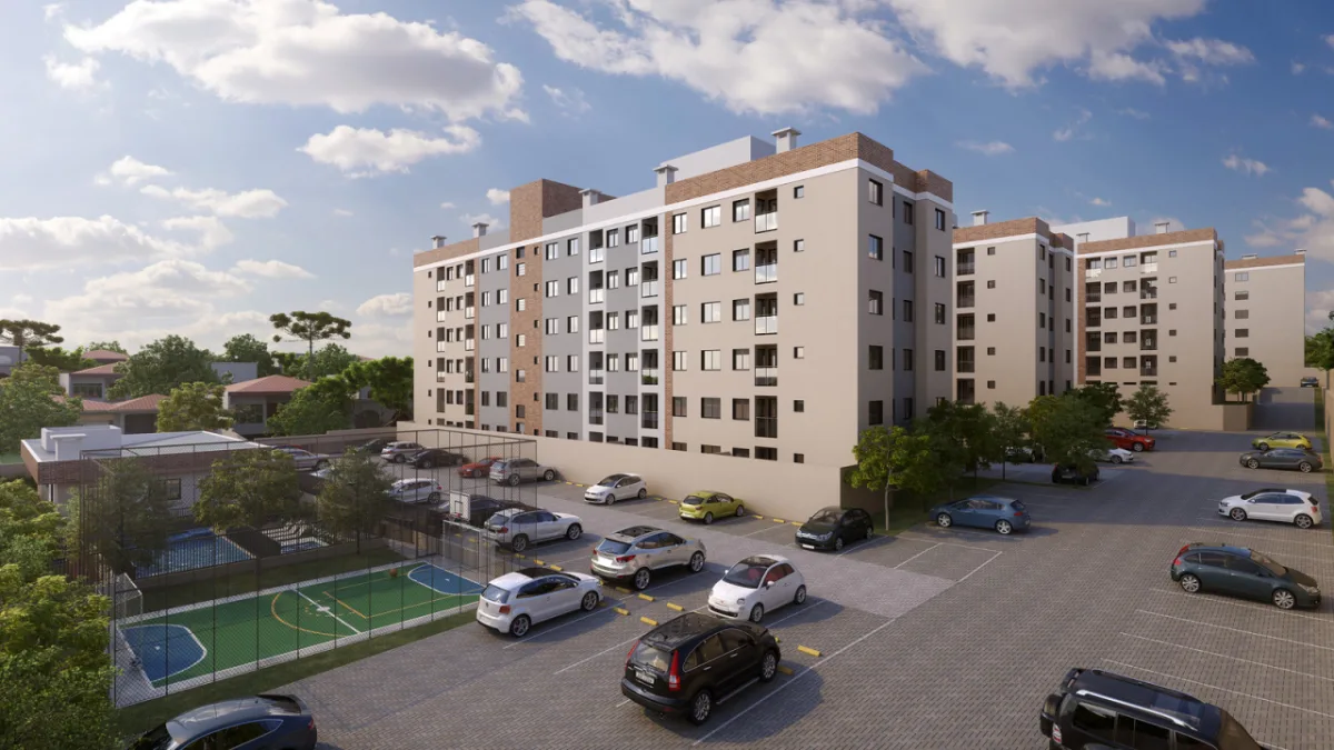 Perspectiva do empreendimento Park Royale, em São José dos Pinhais, com unidades de 2 ou 3 quartos, e até 2 vagas de garagem por apartamento.