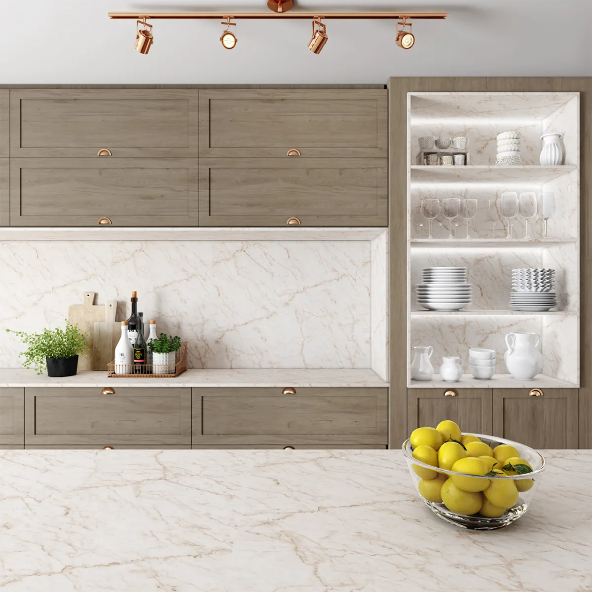 Padrão que reproduz
mármore branco
garante leveza em
projetos de interiores.