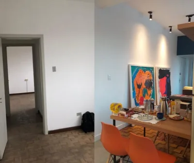 Antes e depois de apartamento modernista: reforma explora tons de azul, cinza e amadeirado